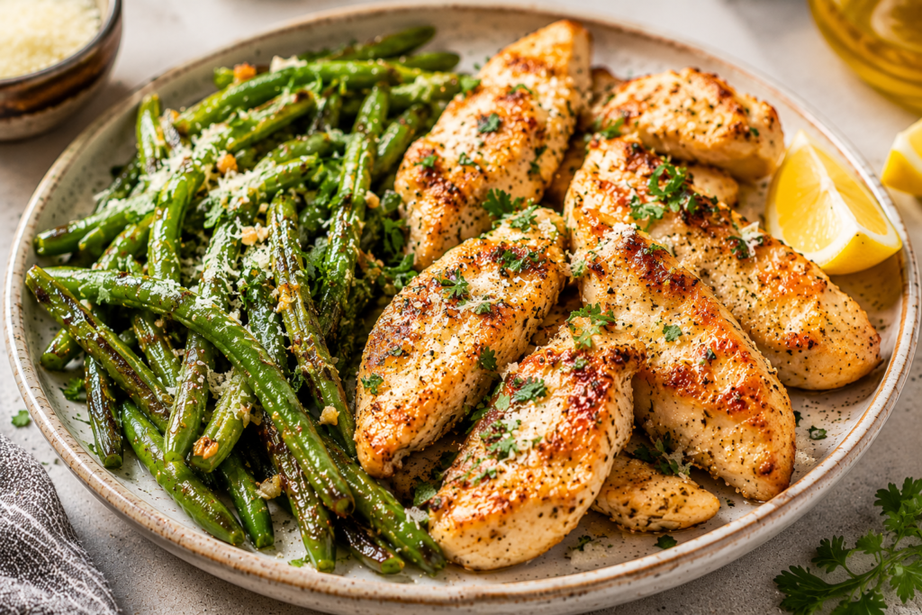 Garlic parmesan chicken with roasted green beans cooked in the air fryer for an easy high-protein meal under 400 calories.
