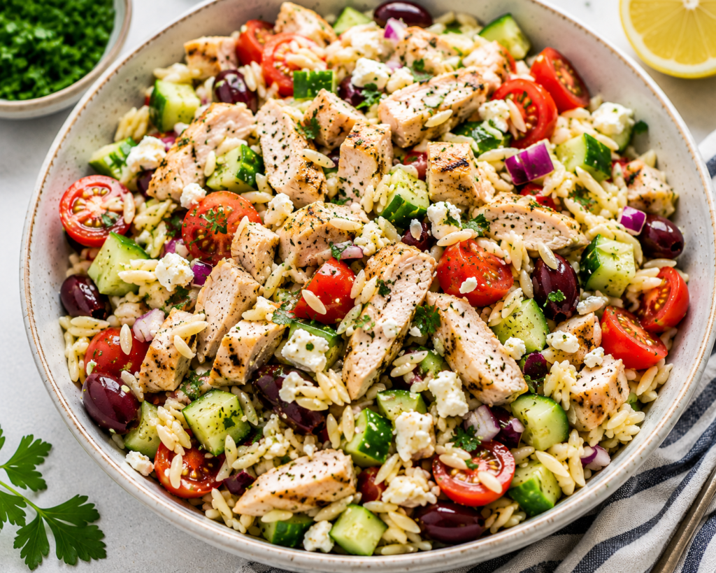 Greek chicken orzo salad with grilled chicken, orzo, cucumber, cherry tomatoes, Kalamata olives, red onion, feta, parsley, and lemon dressing.