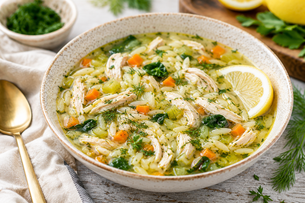 Greek chicken orzo soup with shredded chicken, carrots, spinach, lemon, and fresh herbs, served as an easy slow cooker meal under 400 calories.