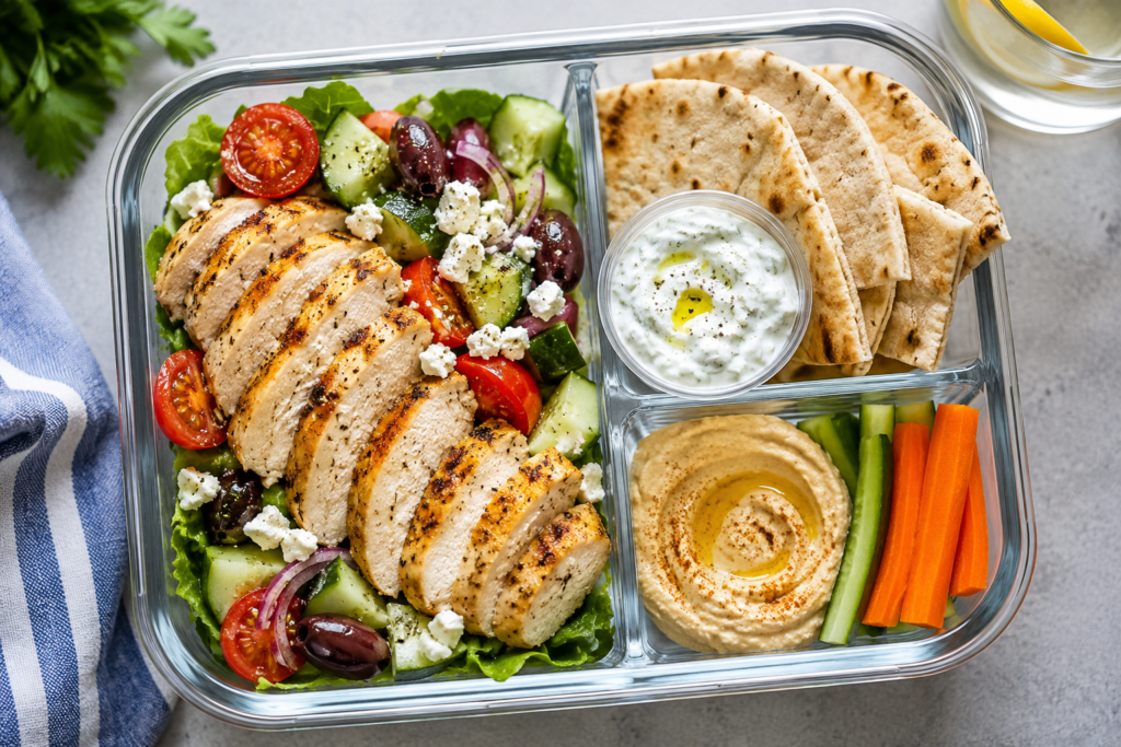 Greek chicken pita lunchbox with grilled chicken, cucumber, tomatoes, olives, tzatziki, hummus, pita bread, and fresh vegetables under 400 kcal.