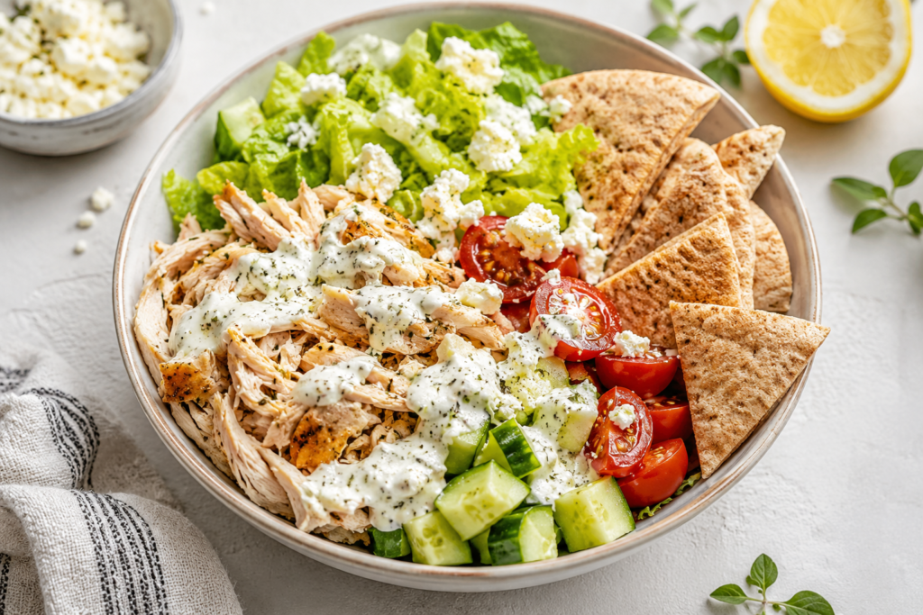 Greek rotisserie chicken pita bowl with shredded chicken, cucumber, cherry tomatoes, romaine lettuce, feta, yogurt herb sauce, and pita wedges.