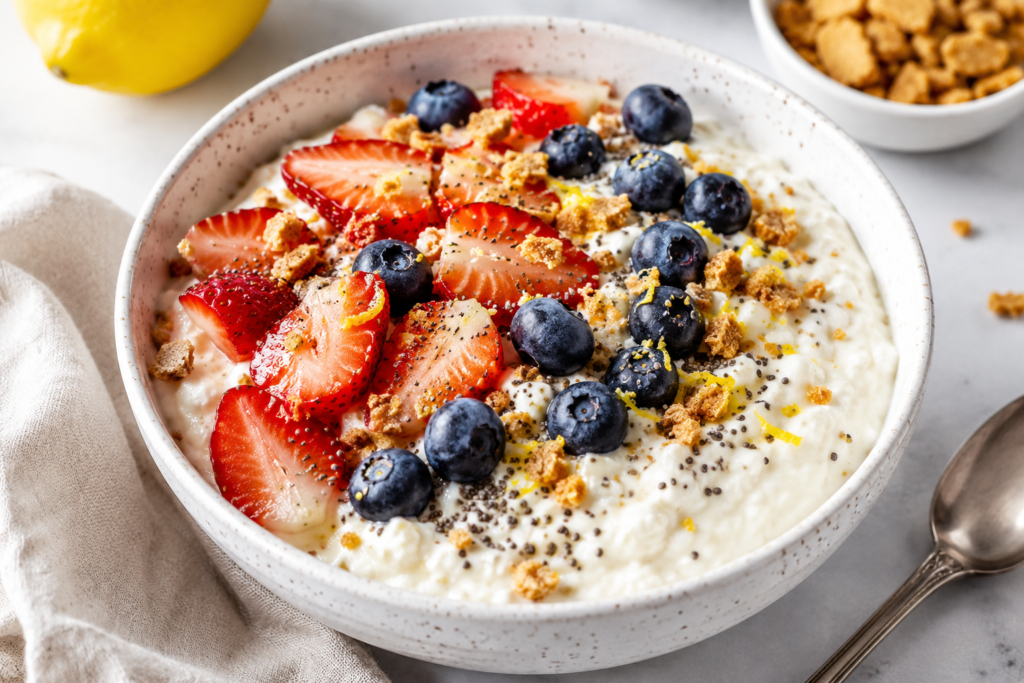 Greek yogurt berry cheesecake bowl under 400 calories topped with strawberries, blueberries, chia seeds, lemon zest, and crushed biscuit crumbs.