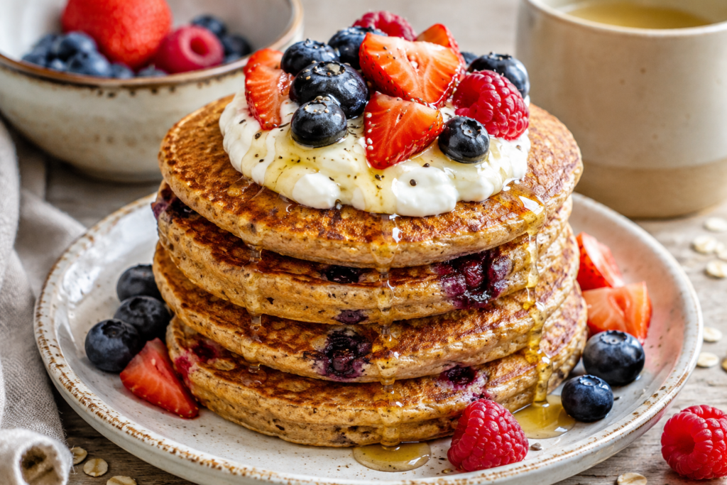 Stack of whole wheat pancakes topped with Greek yogurt, fresh berries and a light honey drizzle.