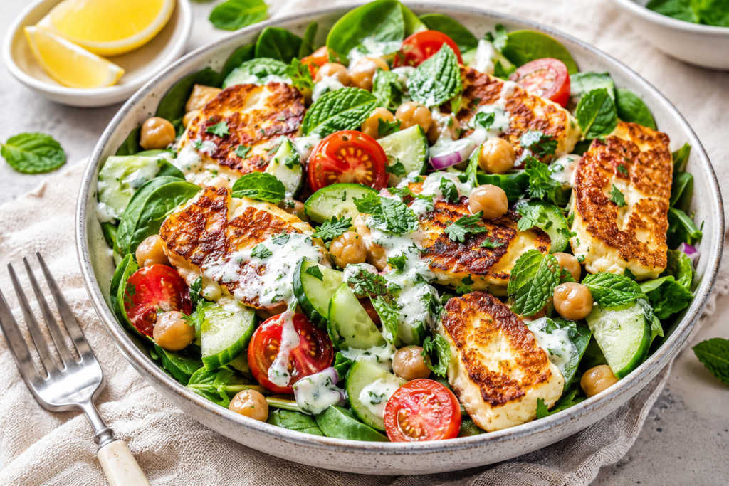 Halloumi chickpea cucumber salad with crispy halloumi, chickpeas, cucumber, cherry tomatoes, spinach, fresh mint, parsley, and lemon yogurt dressing.