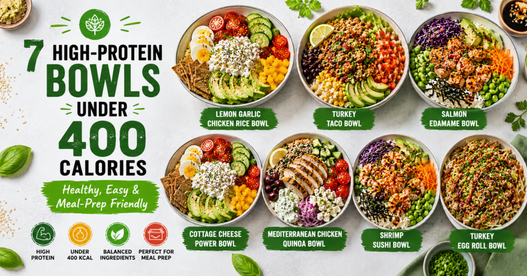 Seven colorful high-protein bowls under 400 calories, including chicken rice, turkey taco, salmon edamame, cottage cheese, tuna quinoa, shrimp sushi, and egg roll bowls.