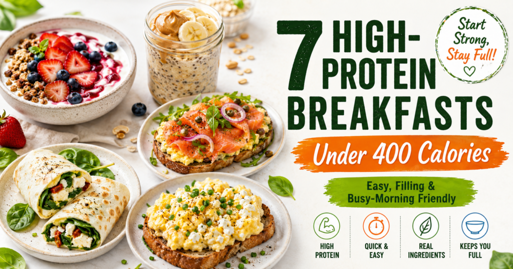 Featured image for 7 high-protein breakfasts under 400 calories with Greek yogurt berry bowl, overnight oats, egg toast, smoked salmon toast, and spinach feta wrap.