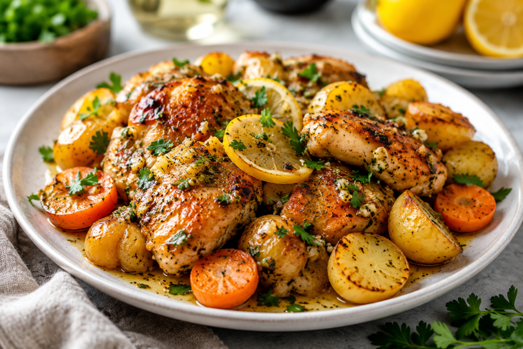 Lemon garlic chicken with baby potatoes and carrots, served with fresh parsley and lemon slices as an easy slow cooker dinner under 400 calories.