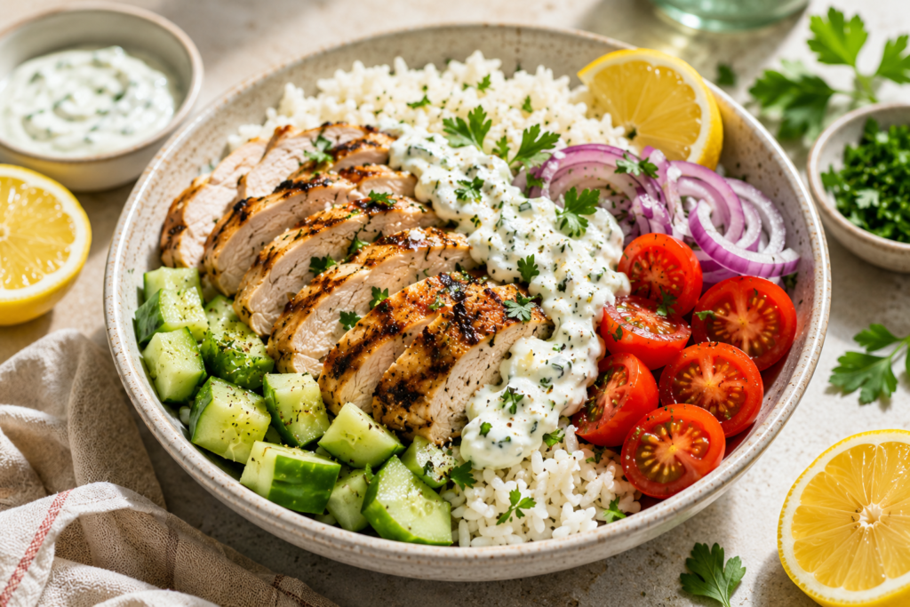 Lemon garlic chicken rice bowl under 400 calories with grilled chicken, white rice, cucumber, cherry tomatoes, red onion, and creamy herb yogurt sauce.