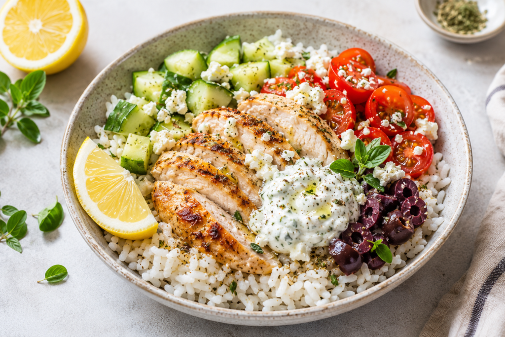 Lemon garlic rotisserie chicken rice bowl with cucumber, cherry tomatoes, feta, olives, tzatziki, and rice, served as an easy dinner under 400 calories.