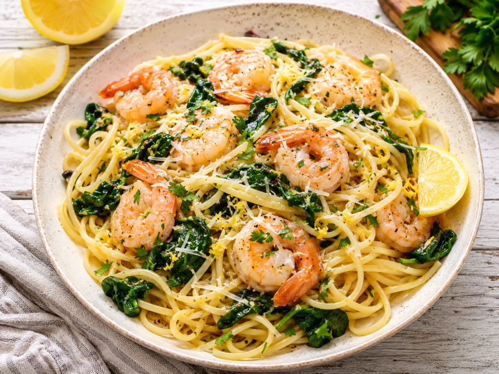 Bright lemon garlic shrimp linguine with wilted spinach, Parmesan and fresh herbs in a rustic bowl.