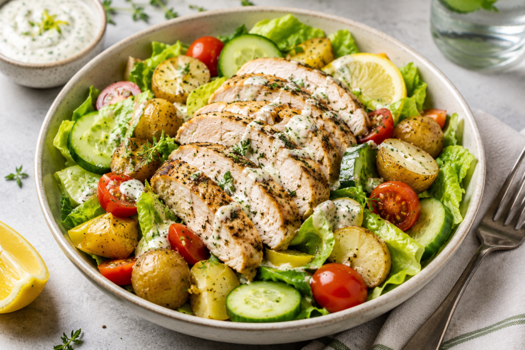 Lemon herb chicken crunch salad with grilled chicken, baby potatoes, romaine lettuce, cucumber, cherry tomatoes, and creamy yogurt dressing.