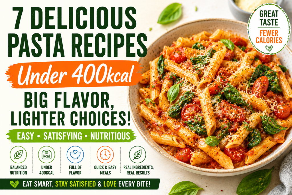 Featured image for 7 light pasta recipes under 400 calories, showing a colorful healthy pasta bowl in infographic style with bold headline text.