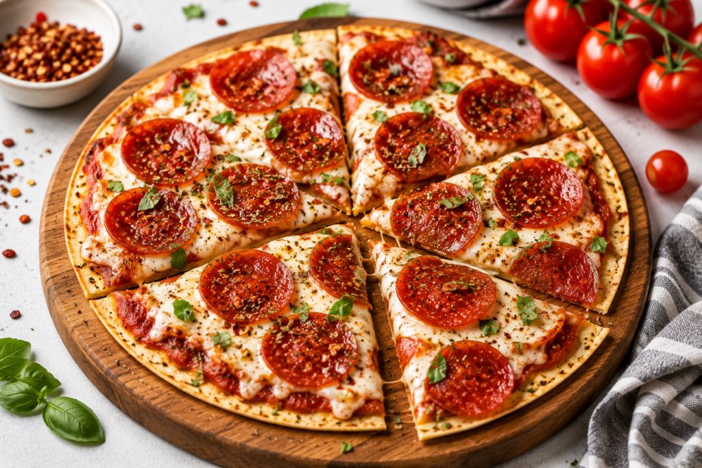 Light pepperoni tortilla pizza with melted mozzarella crispy crust and herbs under 400 kcal