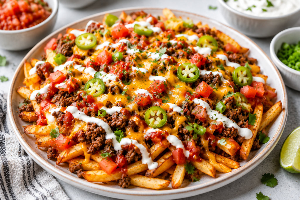 Loaded beef taco fries with melted cheddar tomatoes jalapeños salsa and yogurt sauce under 400 kcal