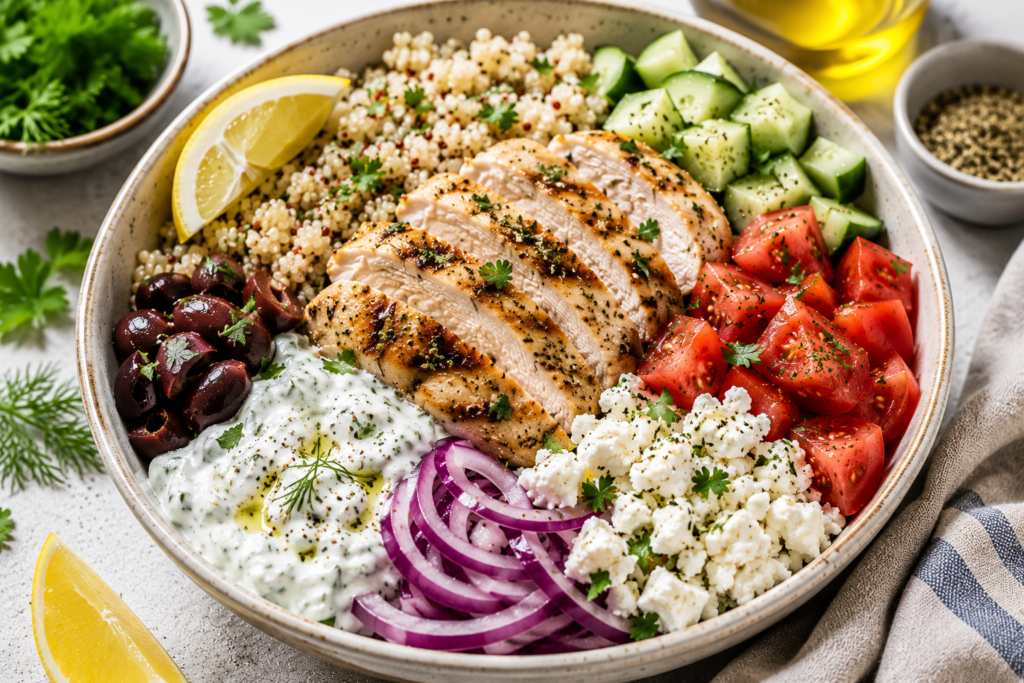 Mediterranean chicken quinoa bowl under 400 calories with grilled chicken, quinoa, cucumber, tomatoes, feta cheese, olives, and creamy yogurt sauce.