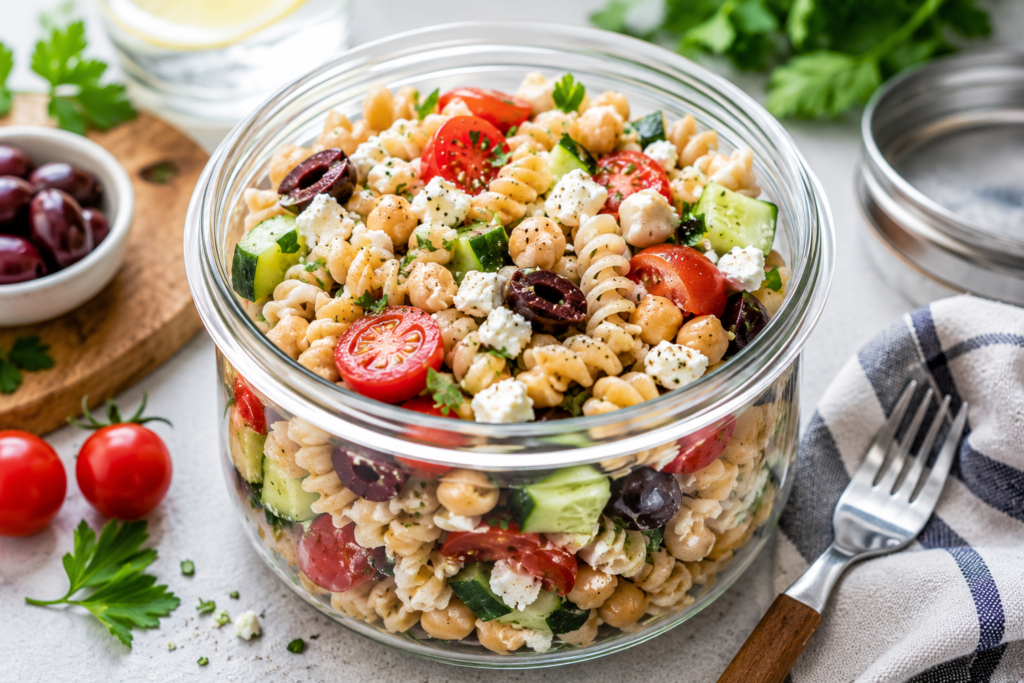 Mediterranean pasta lunch pot with whole wheat pasta, chickpeas, feta cheese, cucumber, tomatoes, and olives for a healthy no-reheat lunch under 400 kcal.