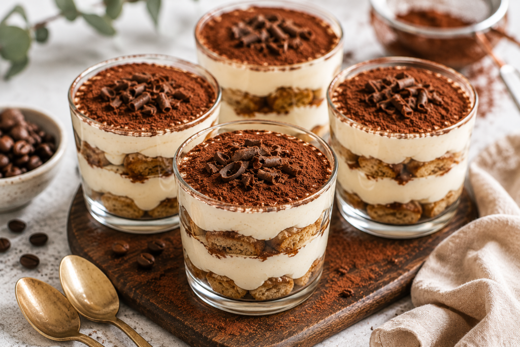 Mini tiramisu yogurt cups layered with espresso-soaked cake, creamy filling, and cocoa powder topping.