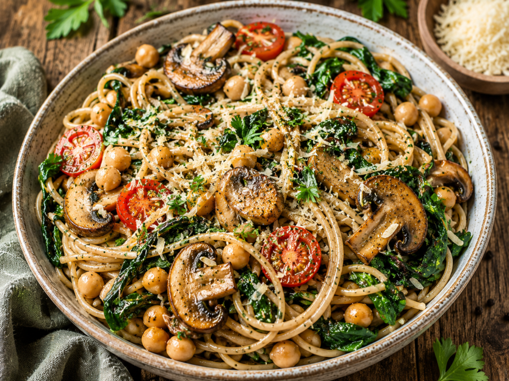 Whole wheat spaghetti with mushrooms, spinach, chickpeas, cherry tomatoes, Parmesan and fresh parsley in a rustic bowl.