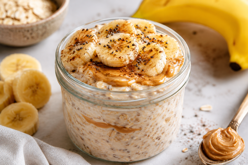 Peanut butter banana protein overnight oats under 400 calories served in a glass jar with banana slices, chia seeds, cinnamon, and creamy peanut butter.