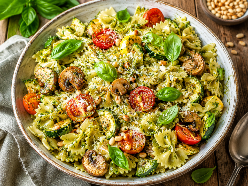 Pesto veggie bowtie pasta with roasted zucchini, mushrooms, cherry tomatoes, pine nuts, Parmesan and fresh basil in a rustic bowl.