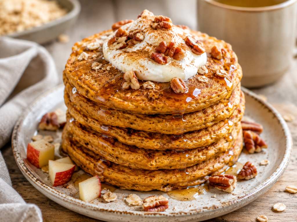 Stack of pumpkin spice oat pancakes topped with Greek yogurt, pecans, cinnamon and a light maple syrup drizzle.