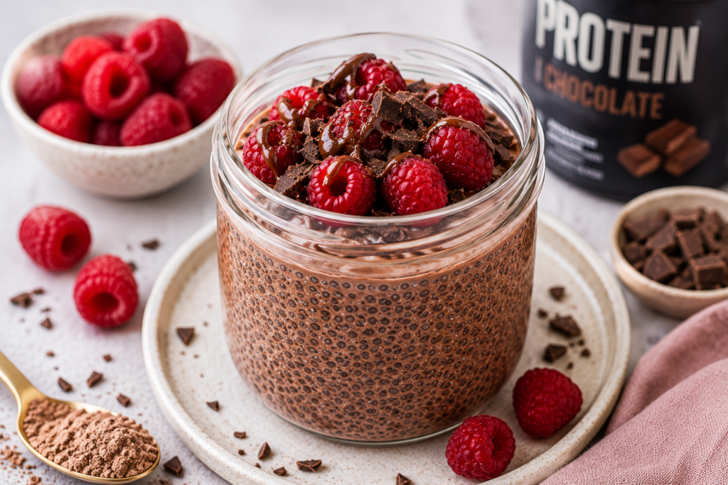 Raspberry chocolate protein chia pudding topped with fresh raspberries, chocolate chunks, and chocolate drizzle in a high-protein breakfast jar.