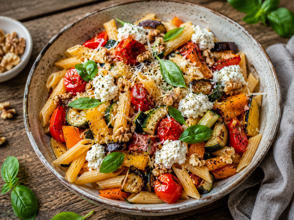 Roasted veggie penne with ricotta, walnuts, basil, Parmesan, zucchini, eggplant, peppers and cherry tomatoes in a rustic bowl.
