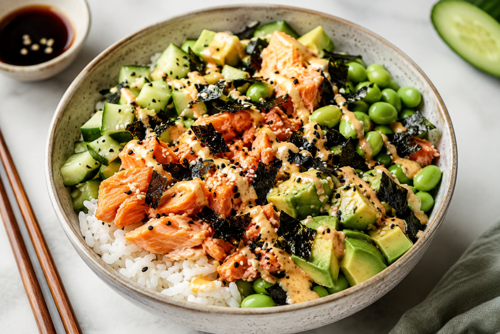 Salmon cucumber sushi bowl with rice, edamame, avocado, nori, sesame seeds, and spicy creamy sauce, served as an easy dinner under 400 calories.