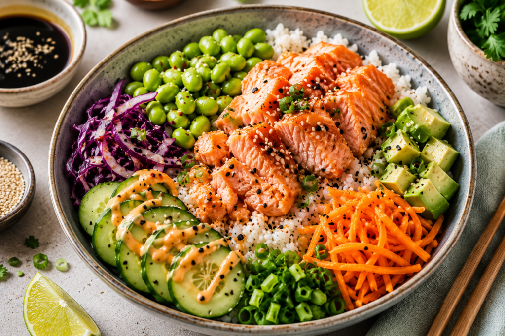 Salmon edamame bowl under 400 calories with rice, avocado, cucumber, shredded cabbage, carrots, sesame seeds, and soy glaze.