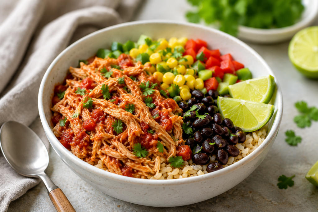 Salsa chicken rice bowl with black beans, corn, peppers, brown rice, cilantro, and lime, served as an easy slow cooker meal around 400 calories.