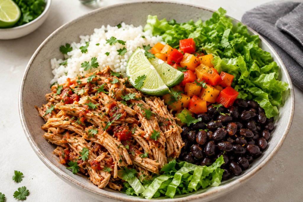 Salsa rotisserie chicken rice bowl with shredded chicken, white rice, black beans, diced bell peppers, romaine lettuce, lime, and fresh cilantro.