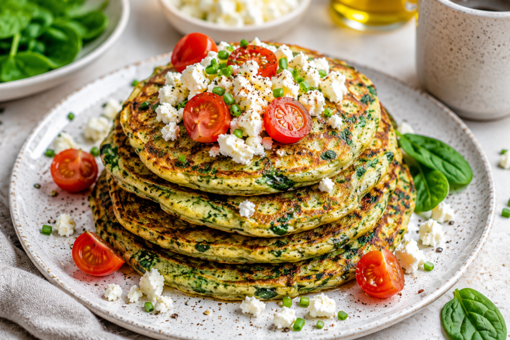 Savory spinach and feta pancakes topped with cherry tomatoes, feta crumbles and fresh herbs.