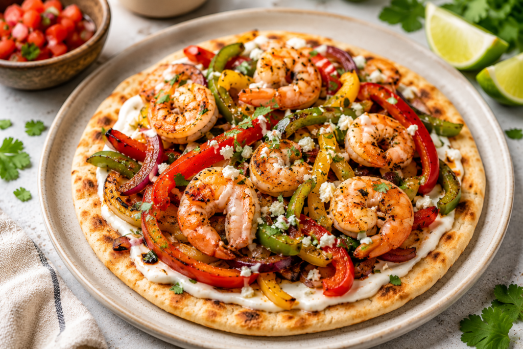 Shrimp fajita flatbread with colorful bell peppers, red onion, creamy yogurt sauce, salsa, lime, and fresh cilantro, served as an easy dinner under 400 calories.
