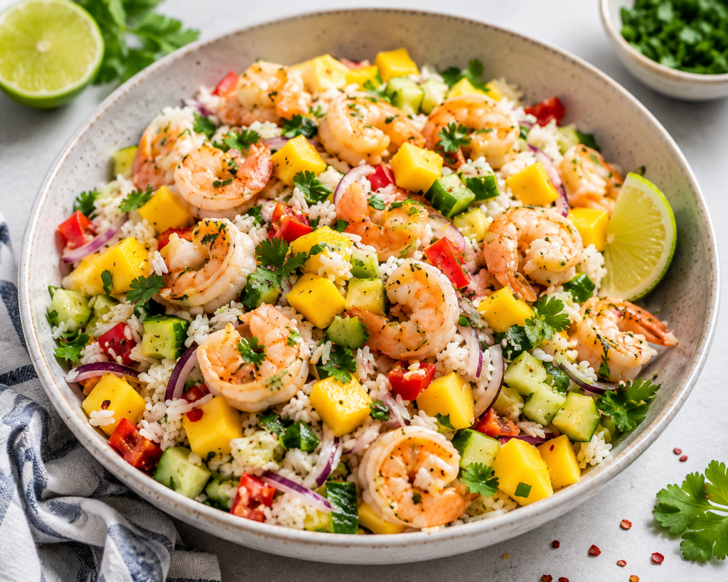 Shrimp mango rice salad with cooked shrimp, diced mango, cucumber, red bell pepper, red onion, white rice, cilantro, lime, and chili flakes.