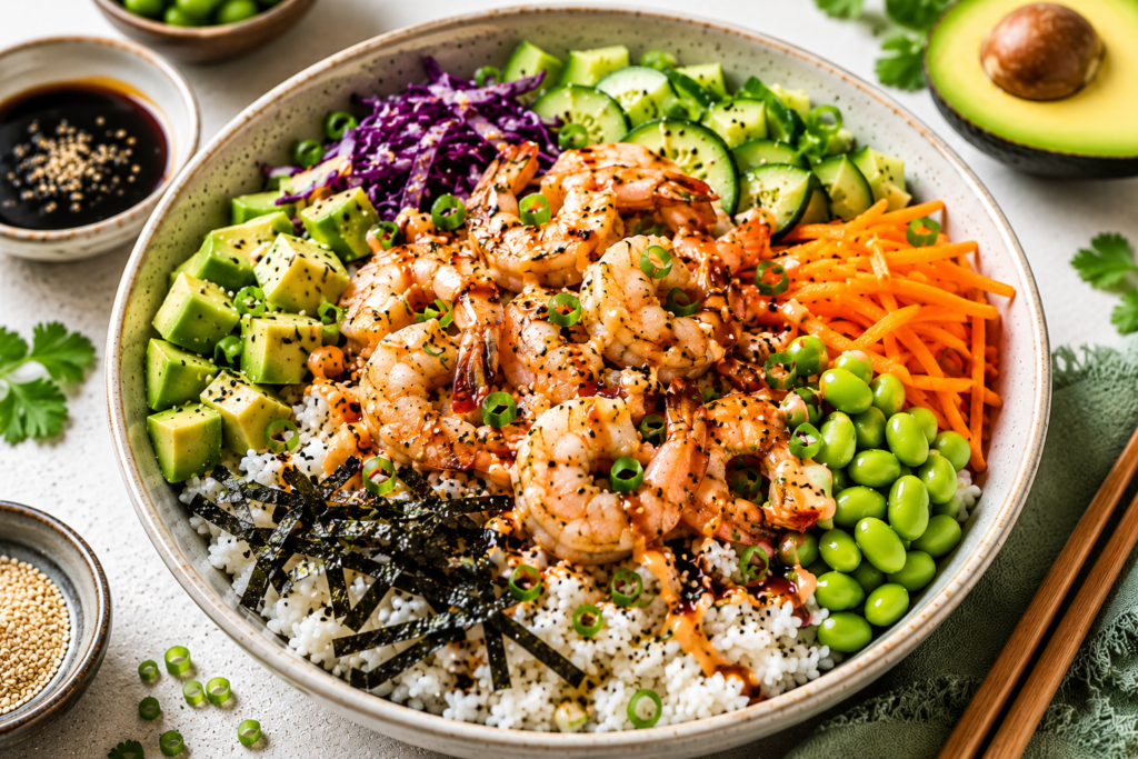 Shrimp sushi bowl under 400 calories with rice, avocado, edamame, cucumber, carrots, seaweed, and sesame soy drizzle.