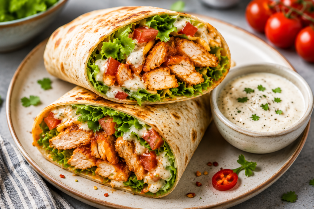 Spicy chicken wrap with lettuce tomatoes and creamy ranch dip served under 400 kcal