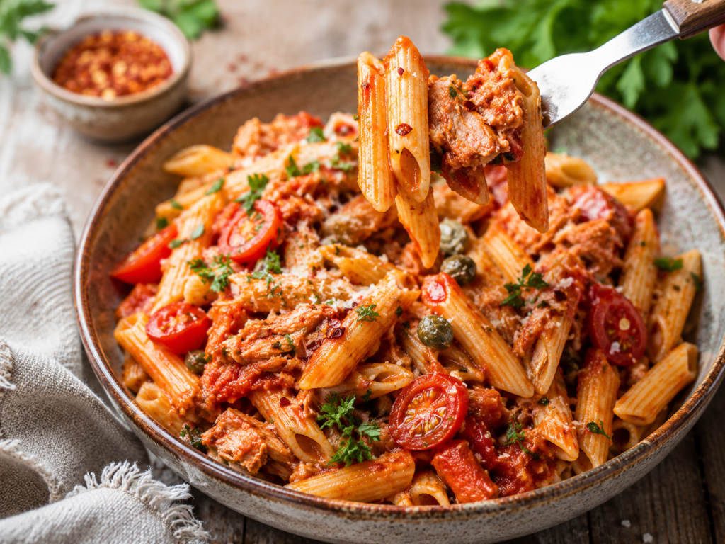 Spicy tuna arrabbiata penne with cherry tomatoes, capers, Parmesan, parsley and chilli flakes in a rustic bowl.