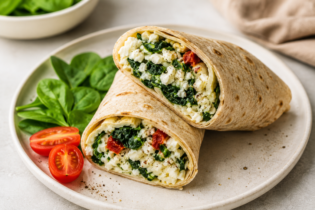 Spinach feta egg white wrap under 400 calories served cut in half with fresh spinach, cherry tomatoes, and a whole wheat tortilla.