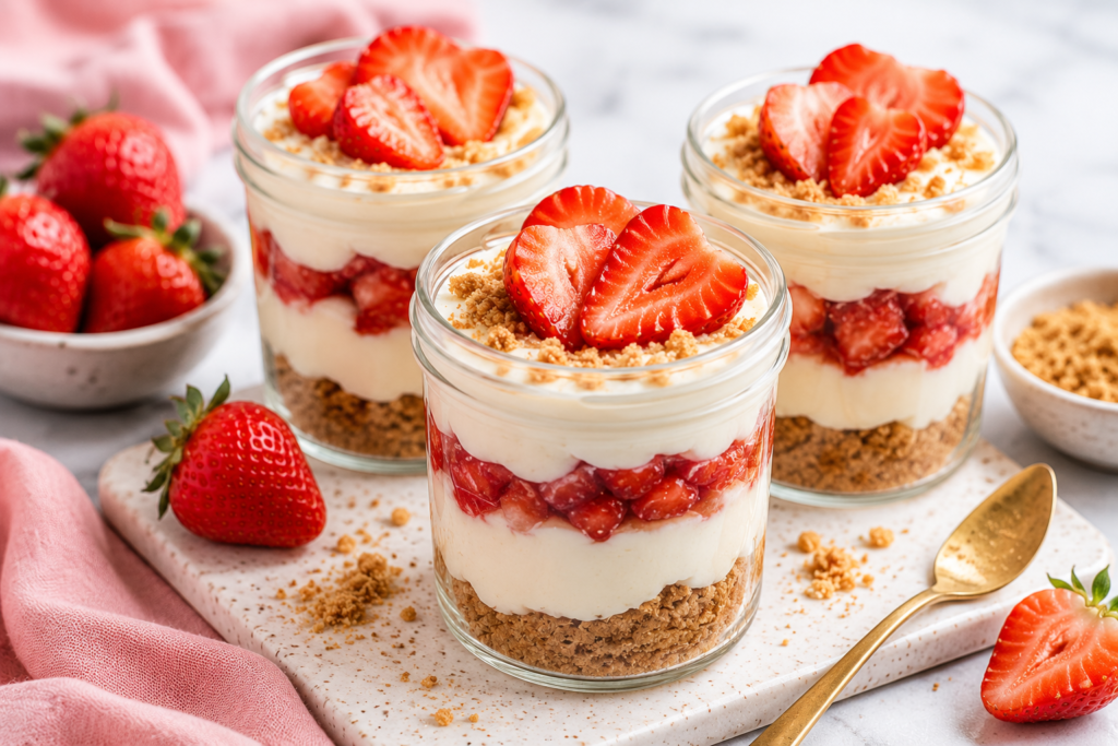 Strawberry cheesecake jars layered with creamy cheesecake filling, fresh strawberries, and graham cracker crumbs.