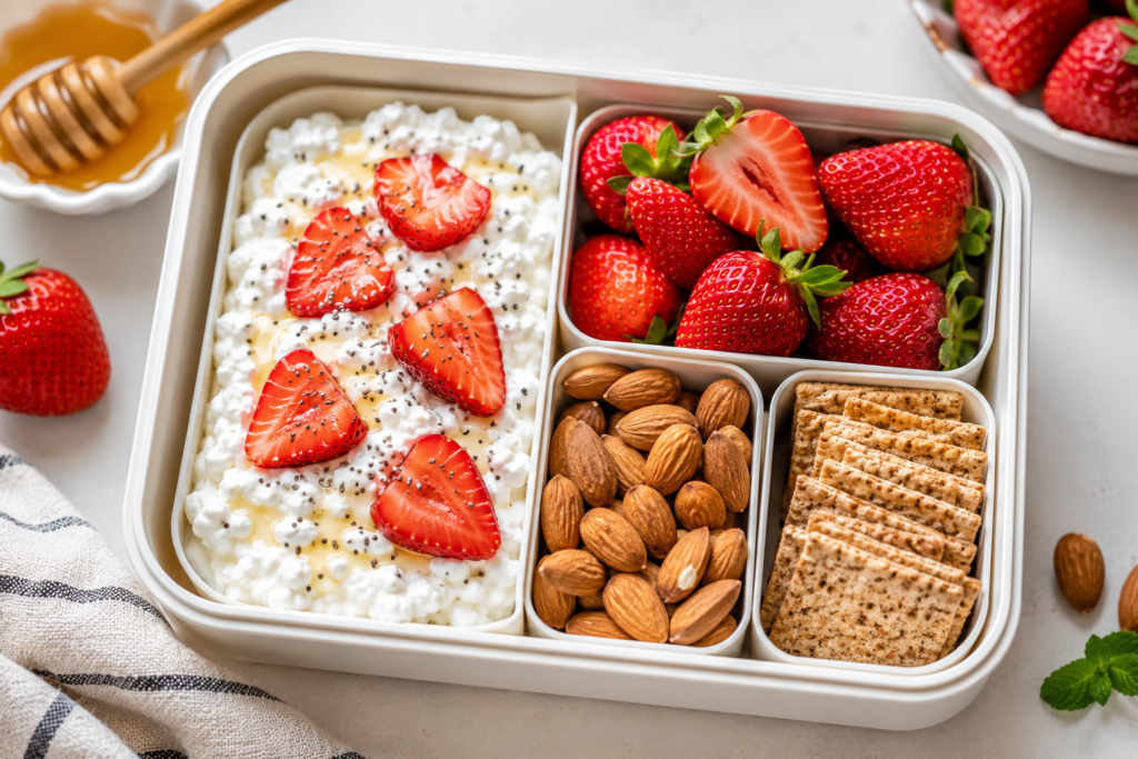 Strawberry cottage cheese bento lunchbox with fresh strawberries, almonds, whole grain crackers, and honey for a healthy no-reheat lunch under 400 kcal.