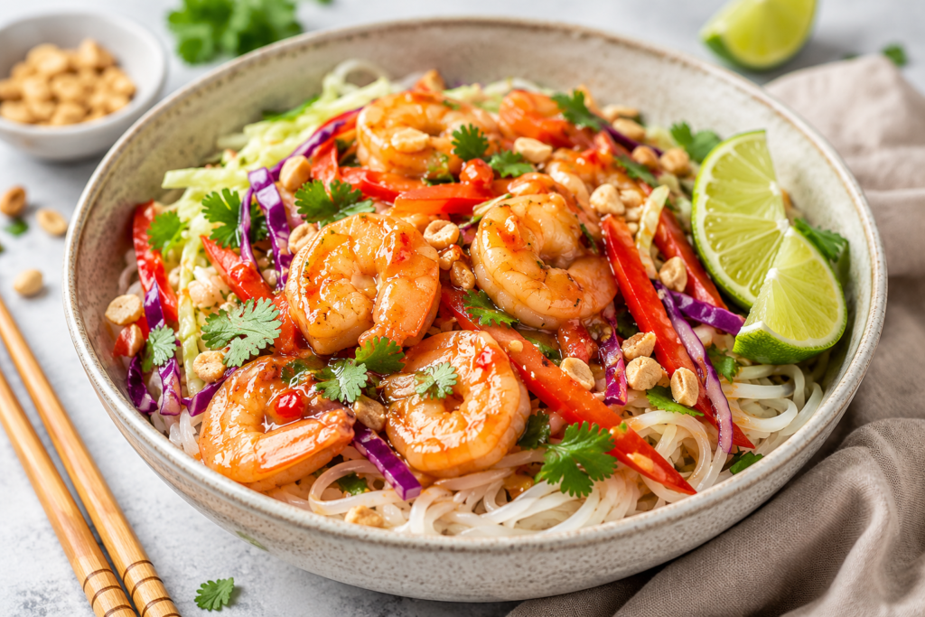 Sweet chili shrimp noodle bowl under 400 calories with glossy rice noodles, juicy shrimp, red bell pepper, cabbage, lime, fresh coriander, and chopped peanuts in a bright 3:2 food photo.