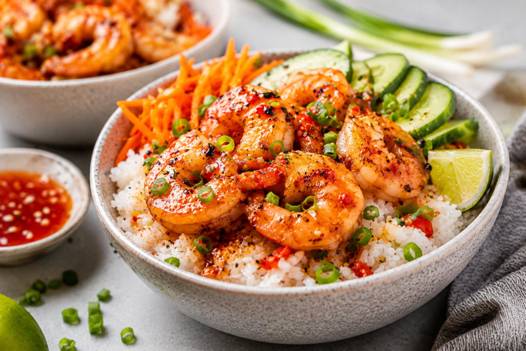 Sweet chili shrimp rice bowl with cucumber, lime, and green onions served as a quick air fryer dinner under 400 calories.