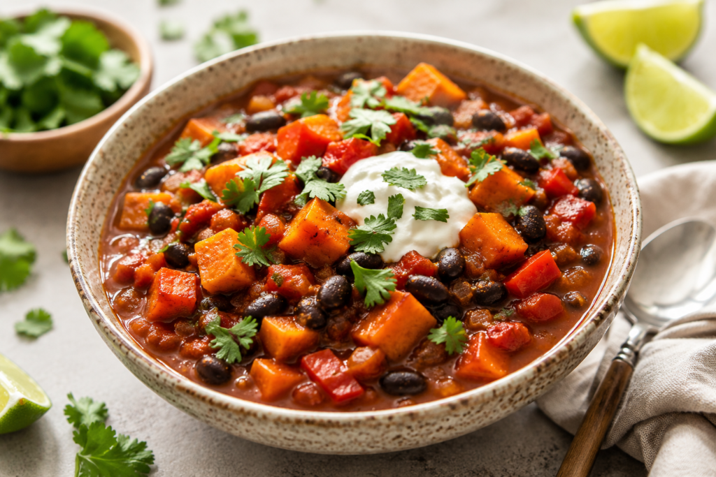 Sweet potato black bean chili topped with Greek yogurt and fresh cilantro, served as an easy slow cooker dinner under 400 calories.