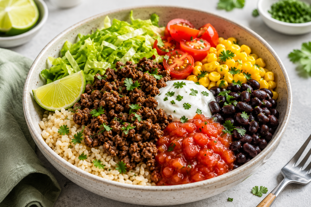 Taco takeout rice bowl under 400 calories with seasoned lean beef, rice, black beans, sweetcorn, lettuce, tomatoes, salsa, Greek yogurt, lime, and fresh cilantro in a bright 3:2 food photo.