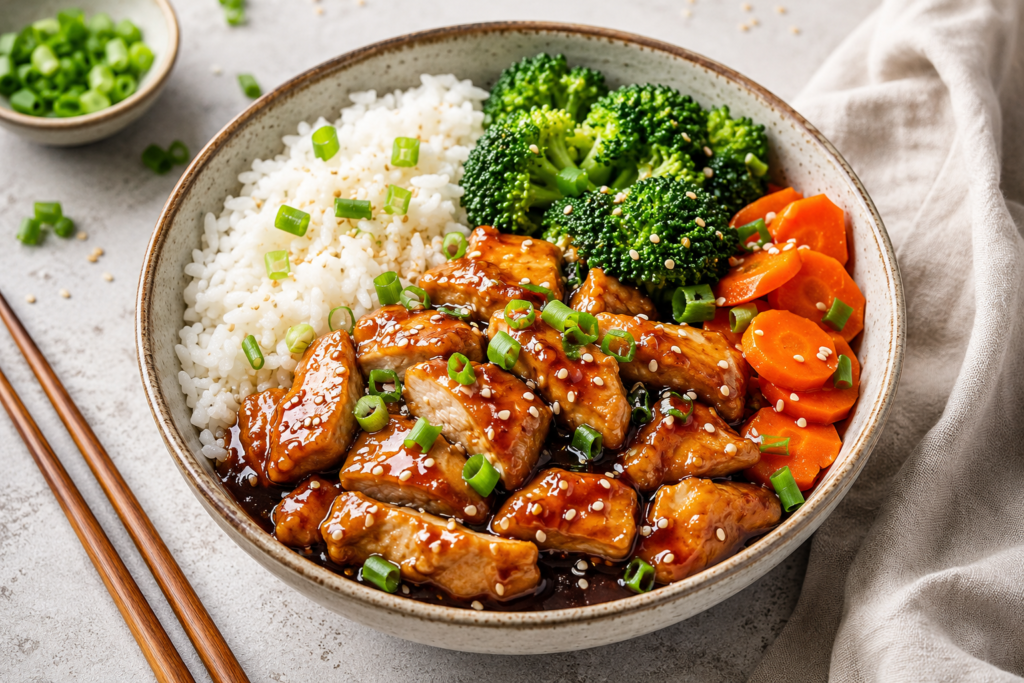 Teriyaki chicken rice bowl under 400 calories with glossy chicken, white rice, broccoli, carrots, sesame seeds, and spring onion in a bright 3:2 food photo.