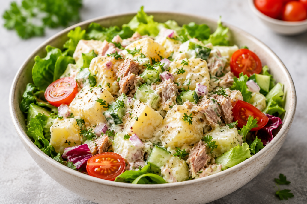 Tuna potato salad bowl with creamy yogurt dressing, potatoes, cucumber, red onion, lettuce, cherry tomatoes, and fresh herbs, served as a budget-friendly meal under 400 calories.