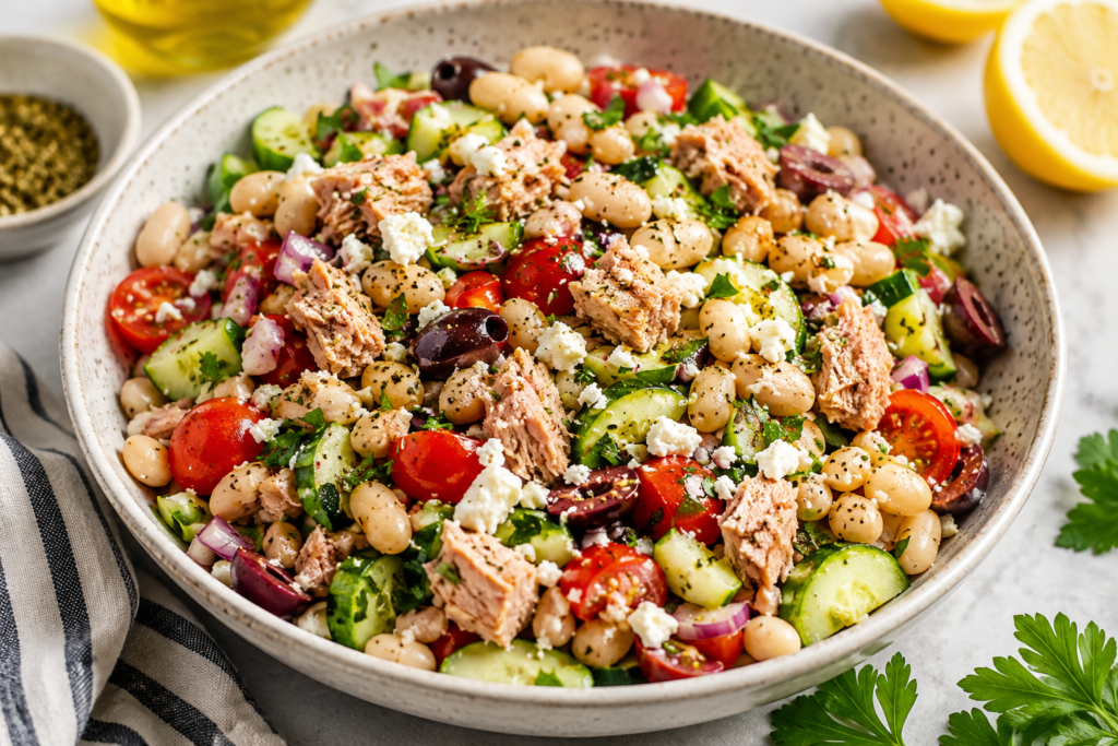 Tuna white bean Mediterranean salad with cucumber, cherry tomatoes, feta, Kalamata olives, red onion, parsley, and lemon dressing.