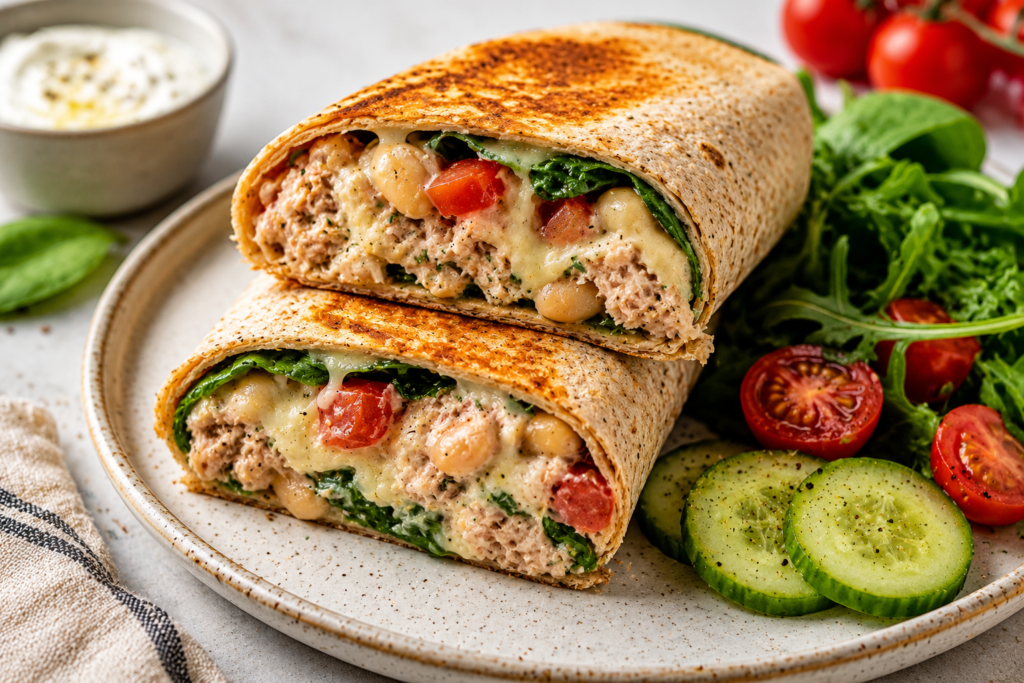 Toasted tuna white bean melt wrap with spinach, tomato, melted mozzarella, cucumber, and salad, served as an easy dinner under 400 calories.