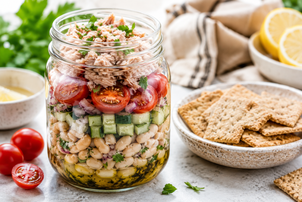 Tuna white bean salad jar with cherry tomatoes, cucumber, herbs, olive oil dressing, and whole grain crackers for a healthy no-reheat lunch under 400 kcal.