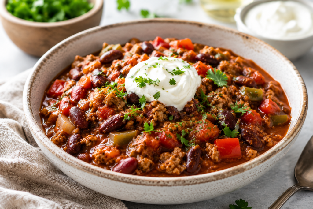Turkey and bean chili topped with Greek yogurt and fresh herbs, served as an easy slow cooker dinner under 400 calories.
